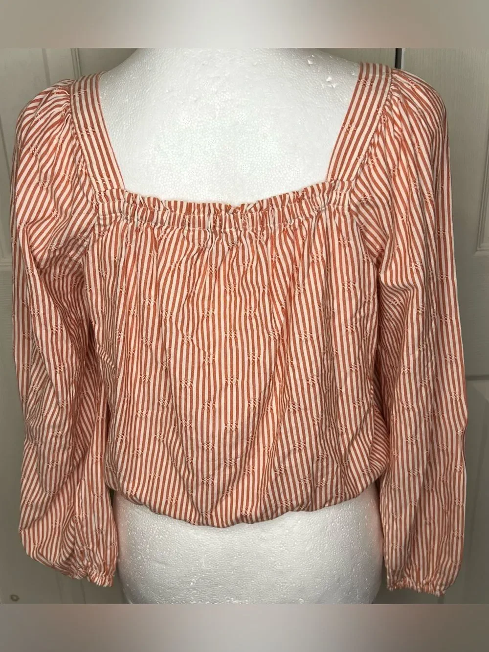 Madewell Orange/White Puff Long Sleeve Front Button Crop Women’s Top Sz M Ranch